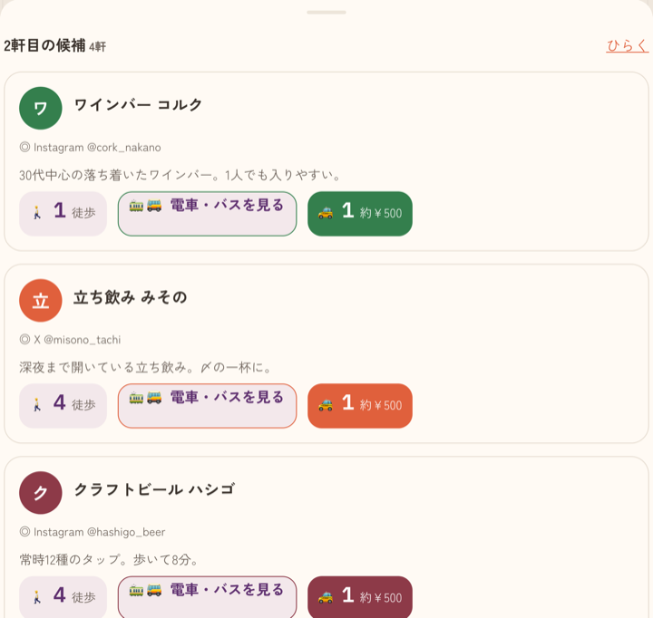 お客様には、地図と徒歩の分数つきで2軒目の候補が並びます