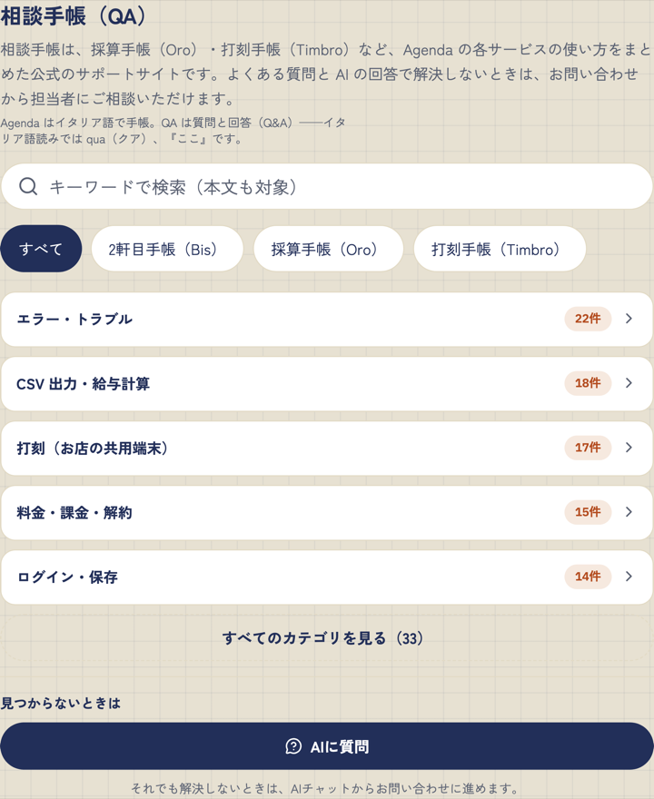 困りごとの種類から探せます。見つからないときは AI に聞けます